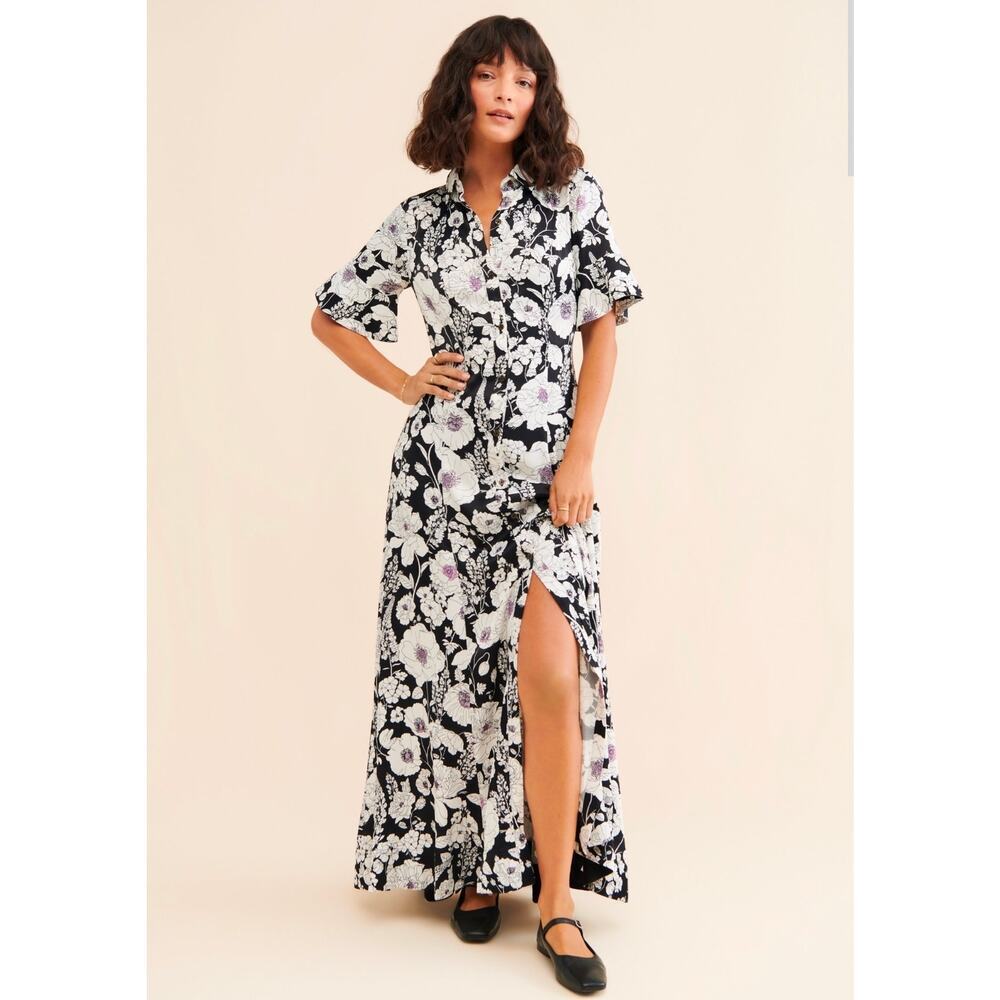 Maeve Black Floral Button-Front Maxi Dress with White and Light Purple Flowers